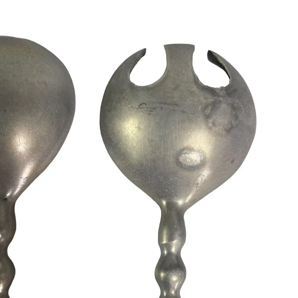 Retro Metal Pewter Salad Servers Serving Utensils Set MCM Rustic Grey Gray